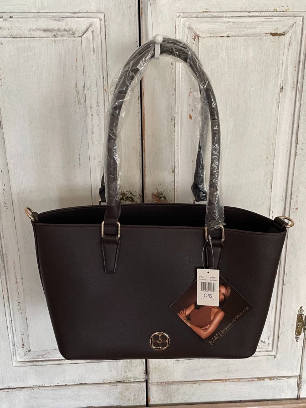 IMAN Global Chic Saffiano Tote Brown w/ Gold Hardware